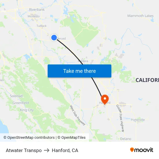 Atwater Transpo to Hanford, CA map