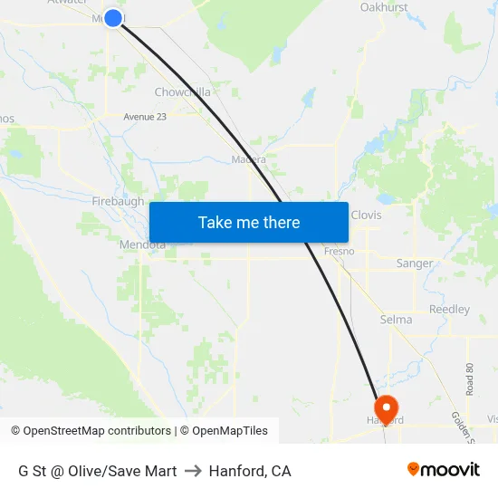 G St @ Olive/Save Mart to Hanford, CA map