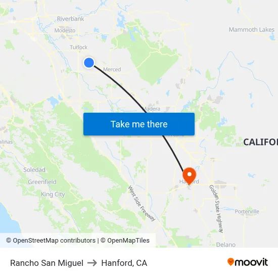 Rancho San Miguel to Hanford, CA map