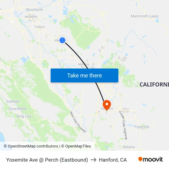 Yosemite Ave @ Perch (Eastbound) to Hanford, CA map