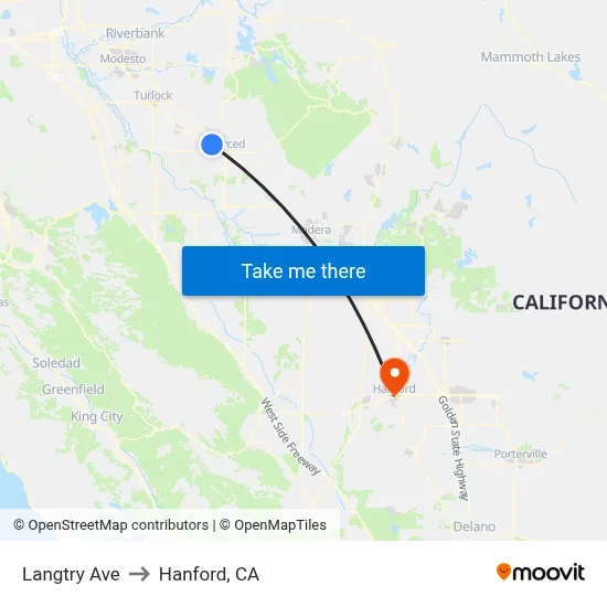 Langtry Ave to Hanford, CA map