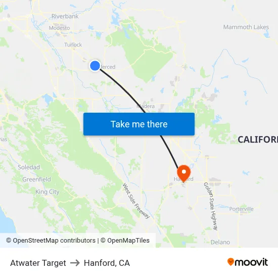 Atwater Target to Hanford, CA map