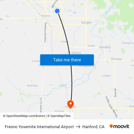 Fresno Yosemite International Airport to Hanford, CA map