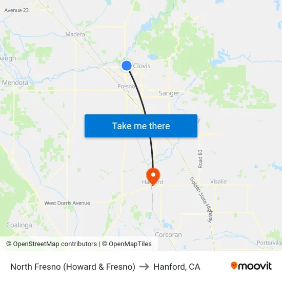 North Fresno (Howard & Fresno) to Hanford, CA map