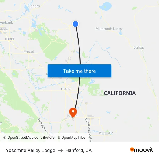 Yosemite Valley Lodge to Hanford, CA map