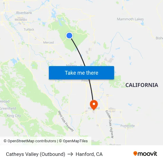 Catheys Valley (Outbound) to Hanford, CA map