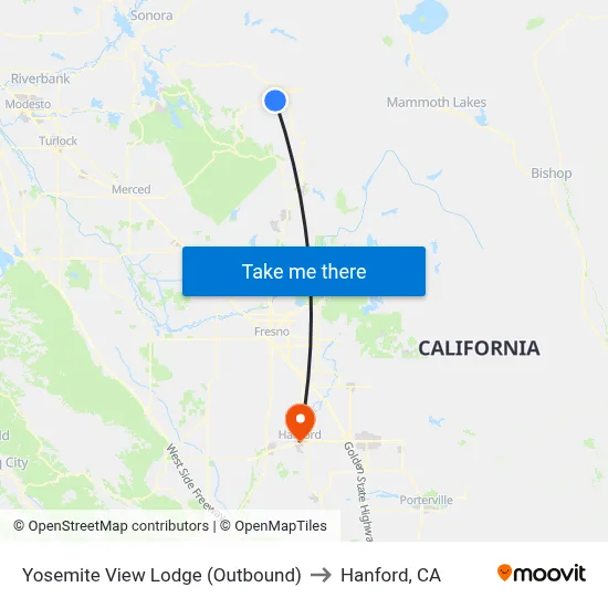 Yosemite View Lodge (Outbound) to Hanford, CA map
