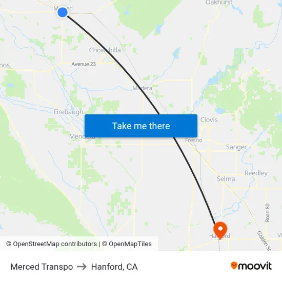 Merced Transpo to Hanford, CA map