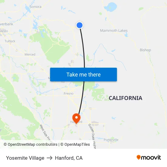 Yosemite Village to Hanford, CA map