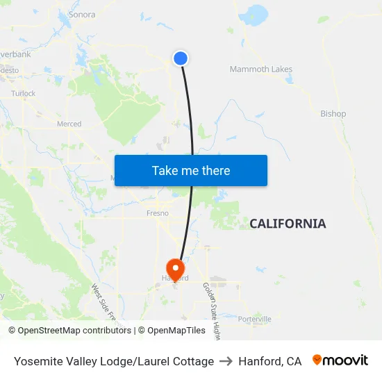 Yosemite Valley Lodge/Laurel Cottage to Hanford, CA map
