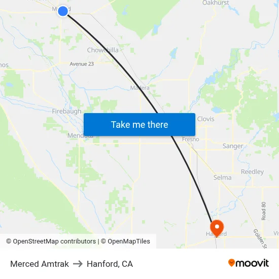 Merced Amtrak to Hanford, CA map