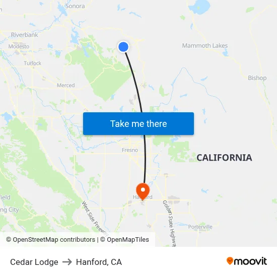 Cedar Lodge to Hanford, CA map