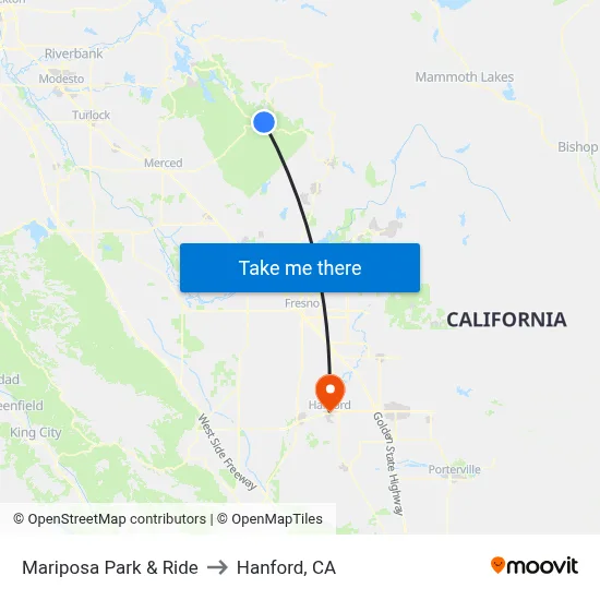 Mariposa Park & Ride to Hanford, CA map