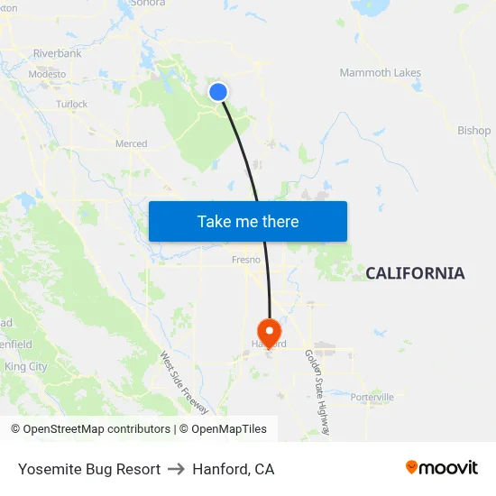 Yosemite Bug Resort to Hanford, CA map