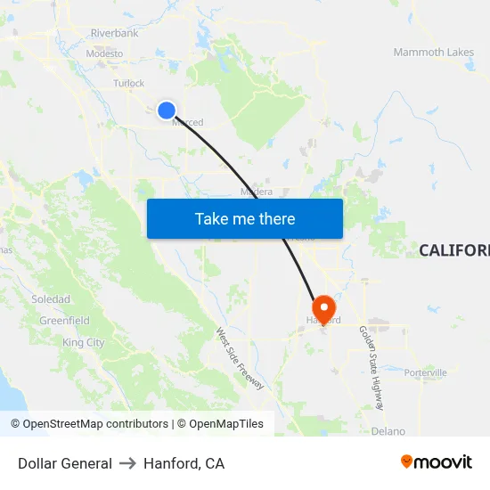 Dollar General to Hanford, CA map