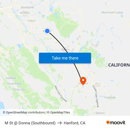 M St @ Donna (Southbound) to Hanford, CA map