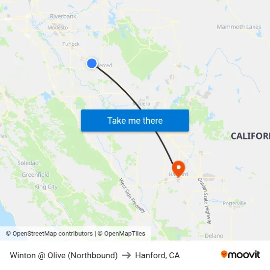 Winton @ Olive (Northbound) to Hanford, CA map