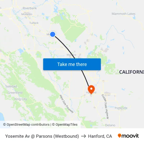 Yosemite Av @ Parsons (Westbound) to Hanford, CA map