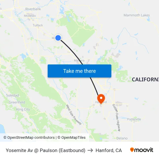 Yosemite Av @ Paulson (Eastbound) to Hanford, CA map