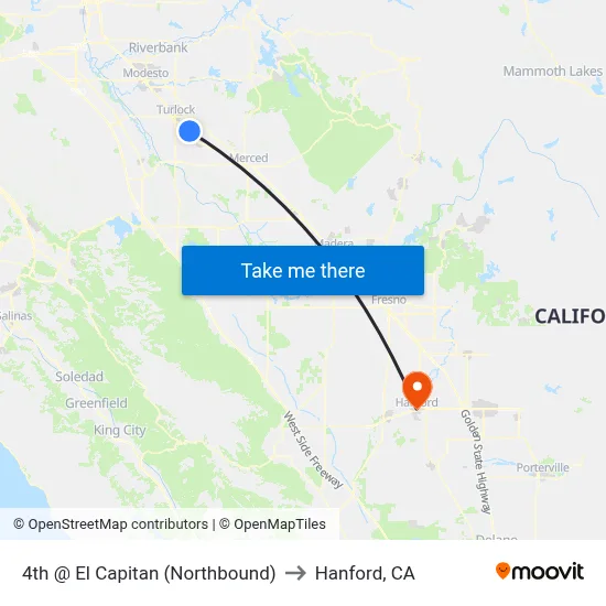 4th @ El Capitan (Northbound) to Hanford, CA map