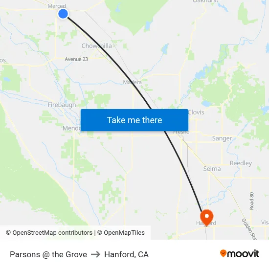 Parsons @ the Grove to Hanford, CA map