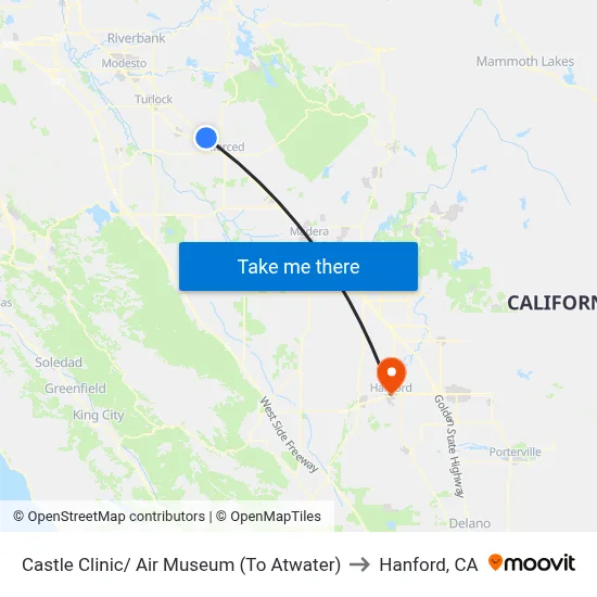 Castle Clinic/ Air Museum (To Atwater) to Hanford, CA map