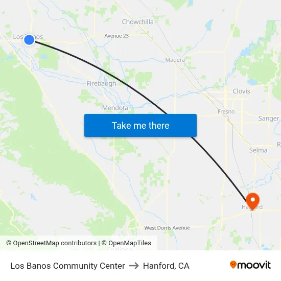 Los Banos Community Center to Hanford, CA map