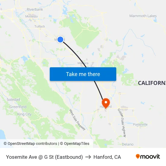 Yosemite Ave @ G St (Eastbound) to Hanford, CA map