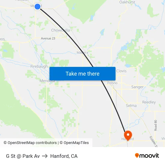 G St @ Park Av to Hanford, CA map