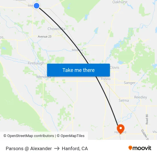 Parsons @ Alexander to Hanford, CA map