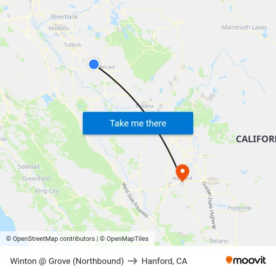 Winton @ Grove (Northbound) to Hanford, CA map