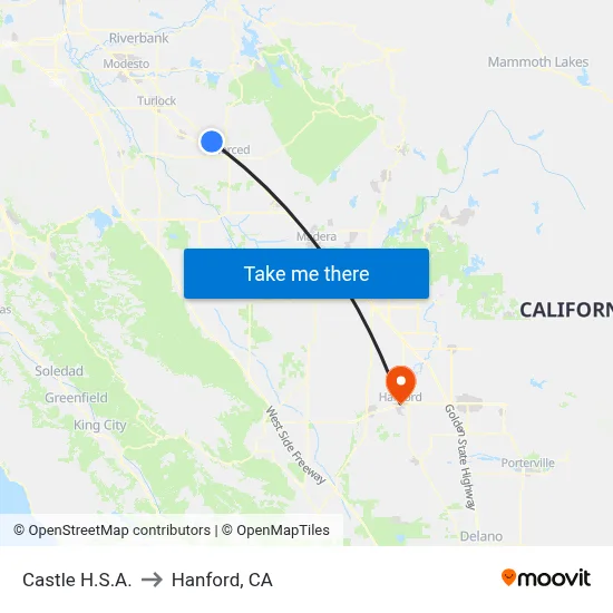 Castle H.S.A. to Hanford, CA map