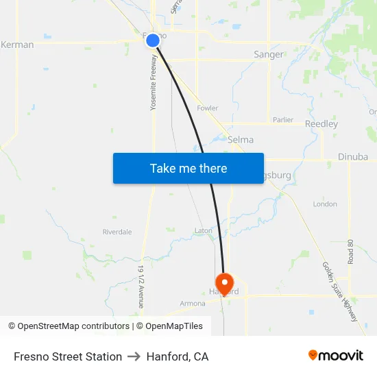 Fresno Street Station to Hanford, CA map