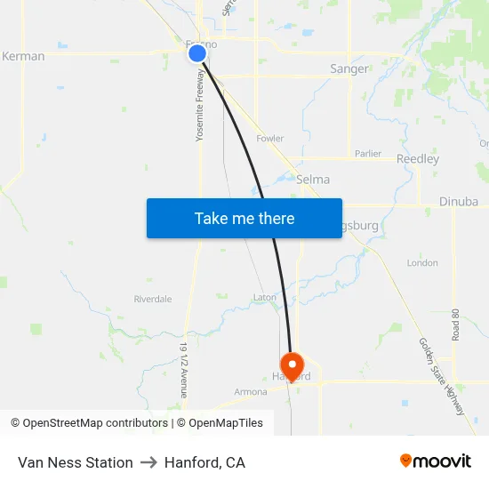 Van Ness Station to Hanford, CA map
