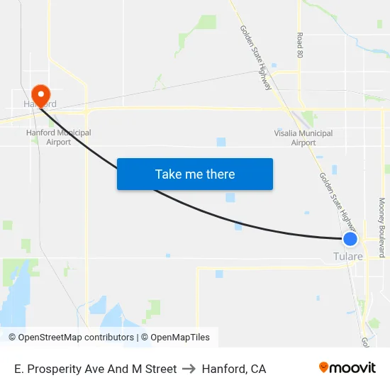E. Prosperity Ave And M Street to Hanford, CA map