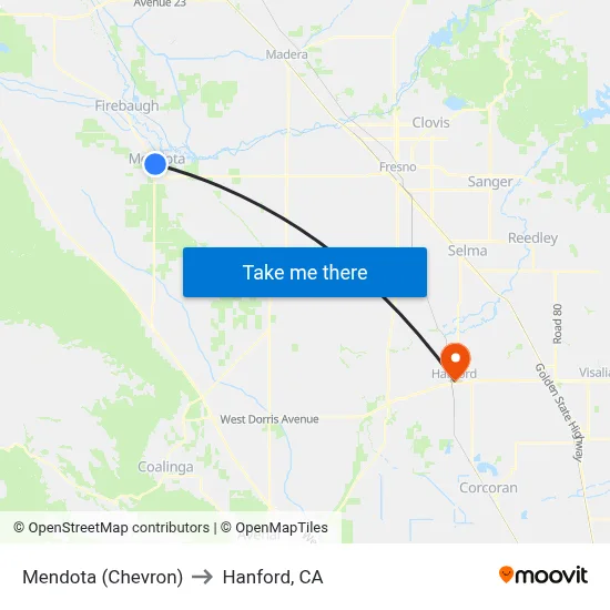 Mendota (Chevron) to Hanford, CA map