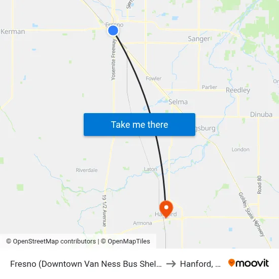 Fresno (Downtown Van Ness Bus Shelter) to Hanford, CA map