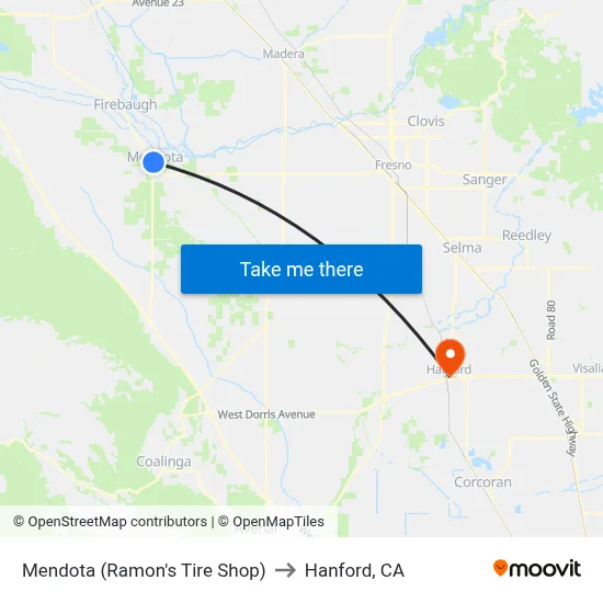 Mendota (Ramon's Tire Shop) to Hanford, CA map
