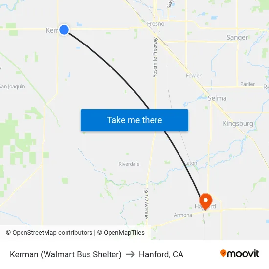 Kerman (Walmart Bus Shelter) to Hanford, CA map