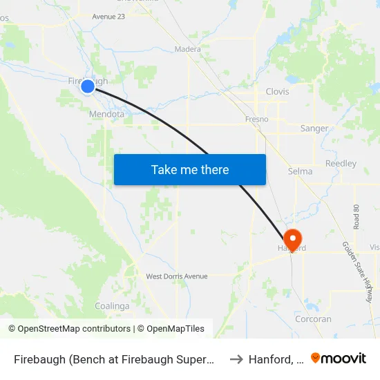 Firebaugh (Bench at Firebaugh Supermarket) to Hanford, CA map
