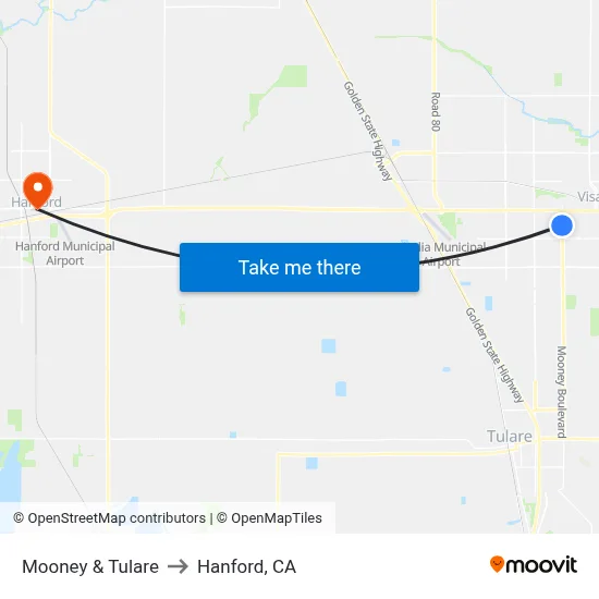 Mooney & Tulare to Hanford, CA map