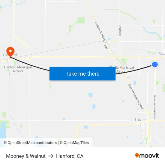 Mooney & Walnut to Hanford, CA map