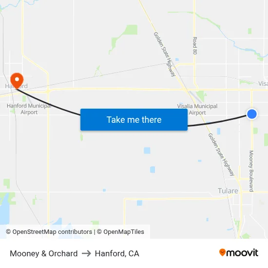 Mooney & Orchard to Hanford, CA map