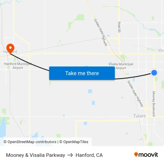 Mooney & Visalia Parkway to Hanford, CA map