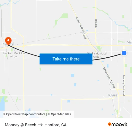 Mooney @ Beech to Hanford, CA map