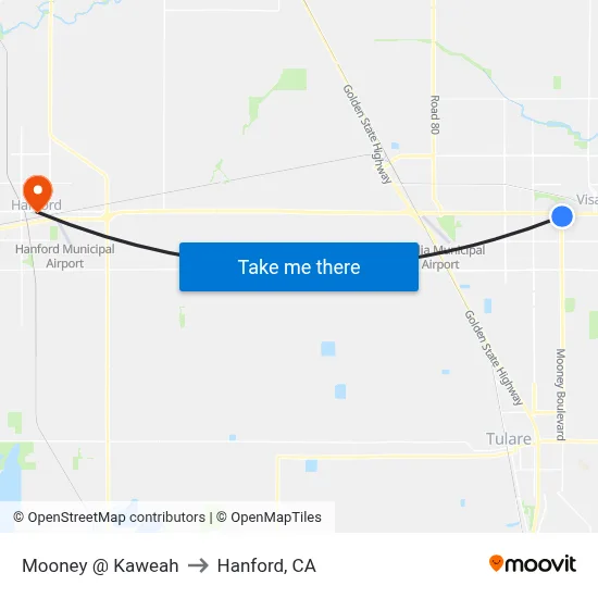 Mooney @ Kaweah to Hanford, CA map