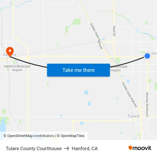 Tulare County Courthouse to Hanford, CA map