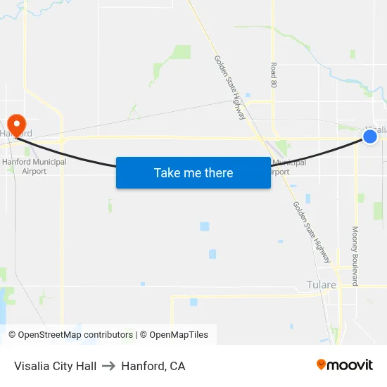 Visalia City Hall to Hanford, CA map
