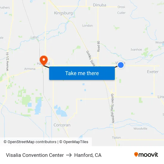 Visalia Convention Center to Hanford, CA map