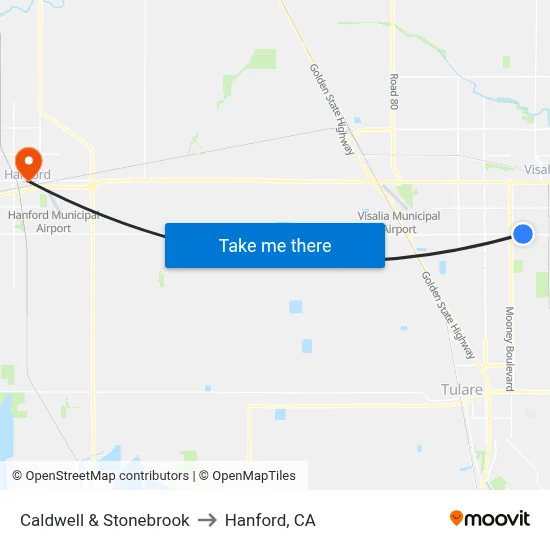 Caldwell & Stonebrook to Hanford, CA map